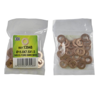 SACO DE 30 ANILHAS DE COBRE PARA INYECTORES - Ø15.0X7.5X1.5 - IVECO, FORD, BMW, MAN (REF. 53464)