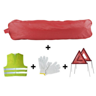 KIT EMERGÊNCIA ESTOJO VERMELHO BORDA+2TRIÂNGULOS+COLETES+LUVAS
